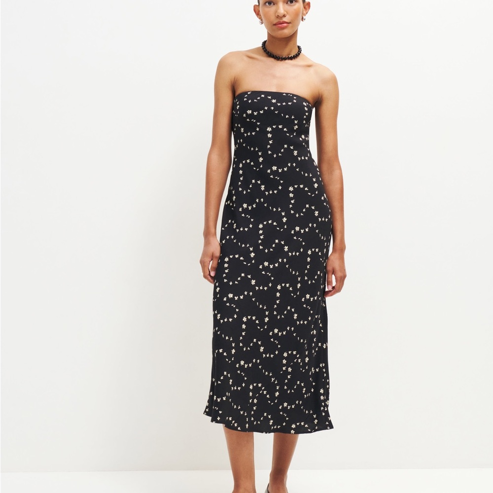 Reformation Black and White Strapless Dress in Breezy, black & cream floral
